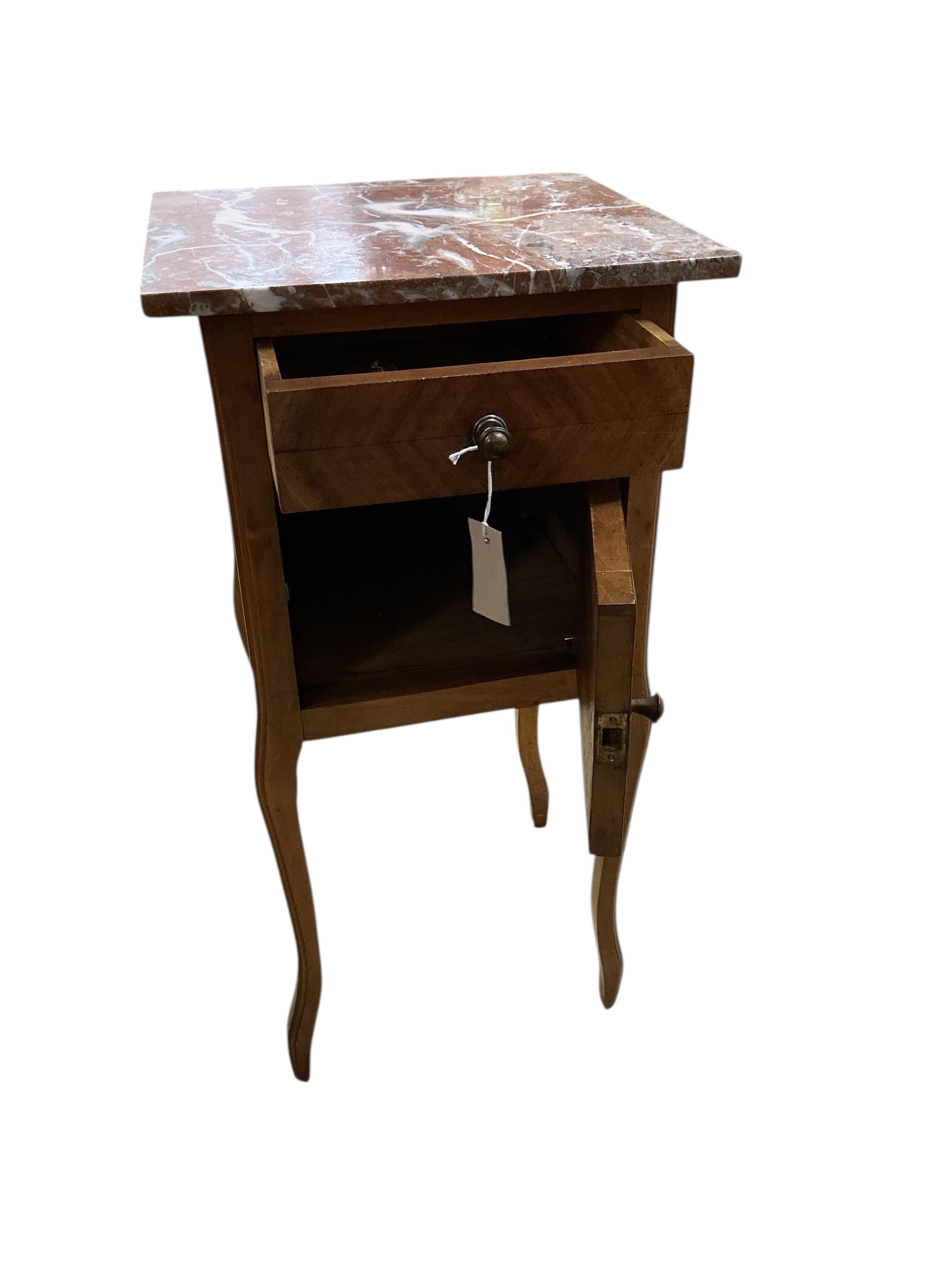 A pair of French walnut marble top bedside cabinets, width 39cm, depth 37cm, height 80cm